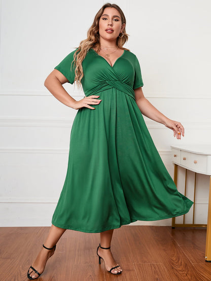 Plus Size Short Sleeve Surplice Neck Midi Dress - Rochelle's House LLC