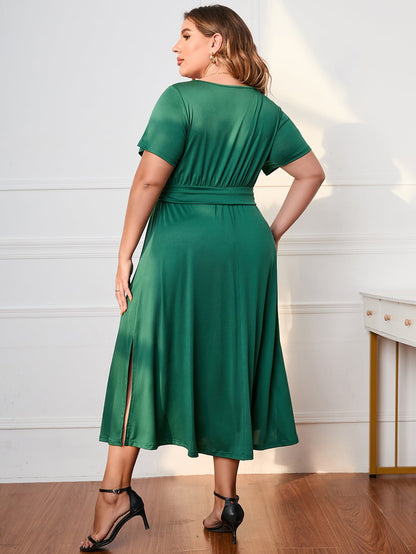 Plus Size Short Sleeve Surplice Neck Midi Dress - Rochelle's House LLC