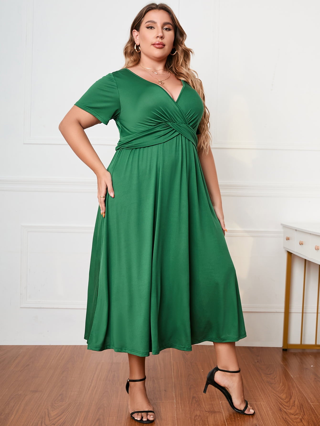 Plus Size Short Sleeve Surplice Neck Midi Dress - Rochelle's House LLC