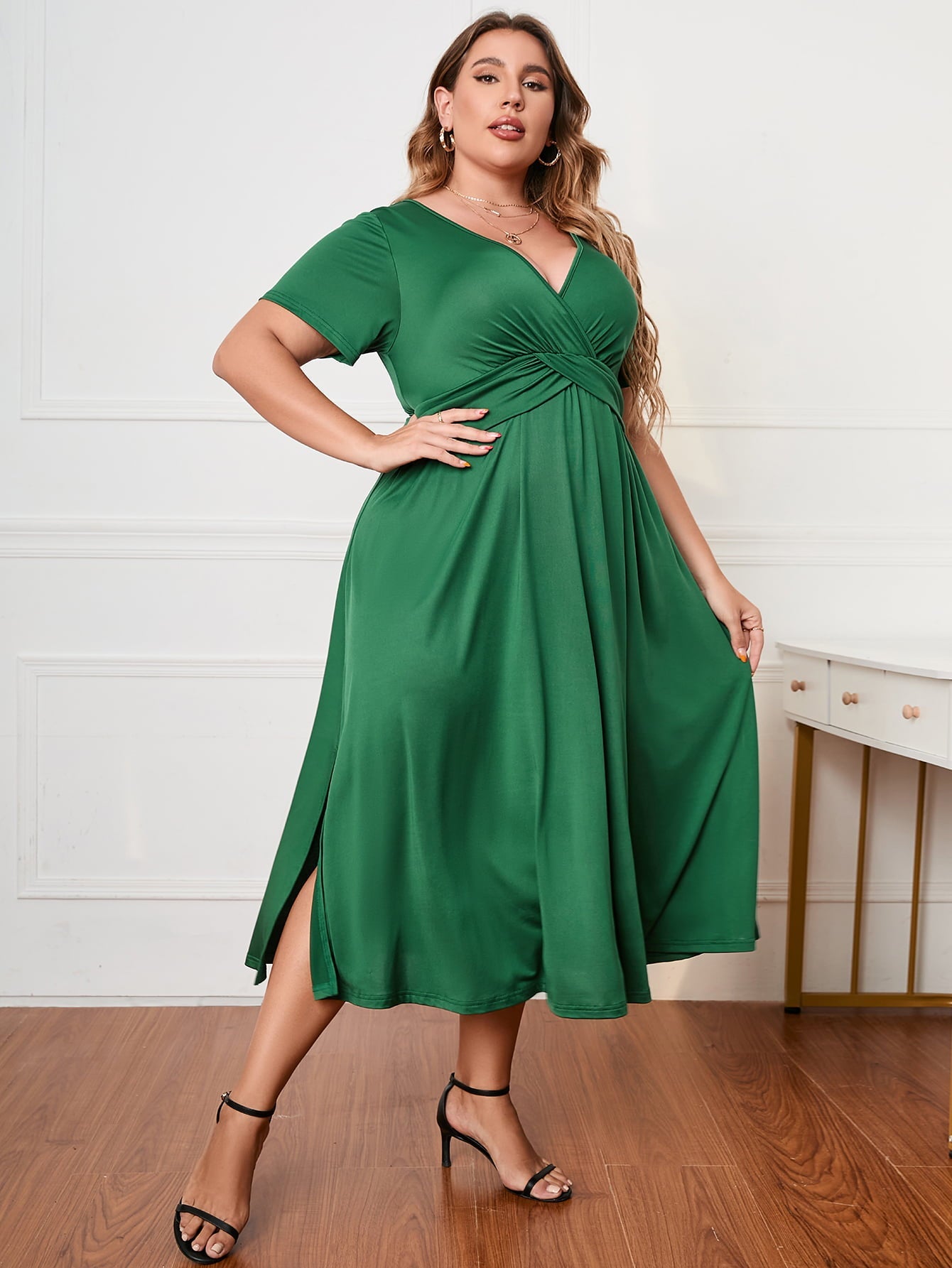 Plus Size Short Sleeve Surplice Neck Midi Dress - Rochelle's House LLC