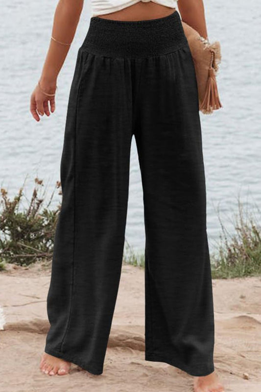Front view of Plus Size Smocked High Waist Wide Leg Pants in Black showing neckline and sleeve details