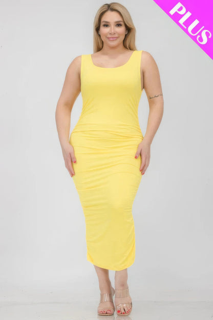 Front view of Plus Size Square Neck Ruched Bodycon Midi Dress showing neckline and sleeve details (92% polyester and)