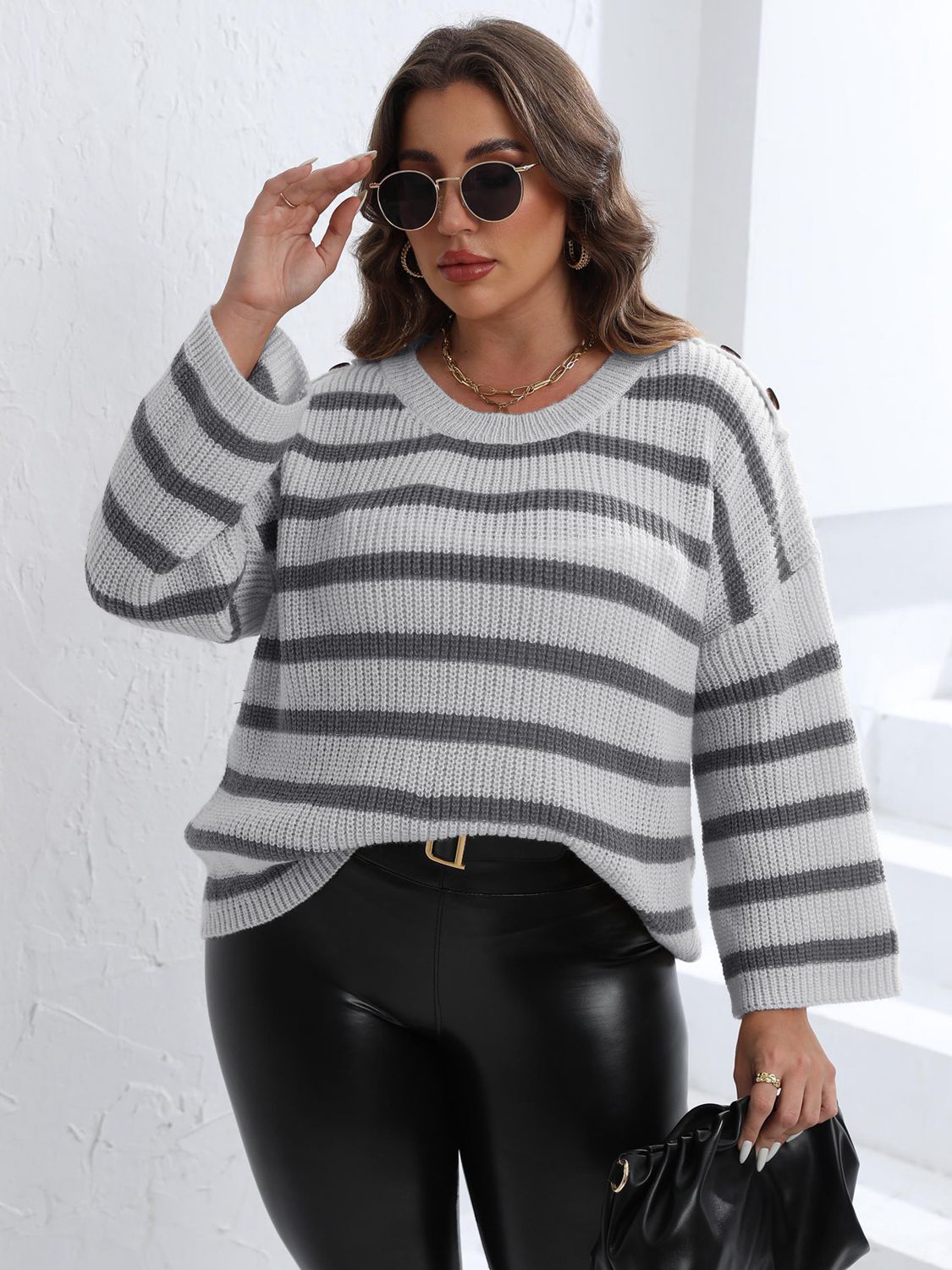 Plus Size Striped Dropped Shoulder Sweater - Rochelle's House LLC