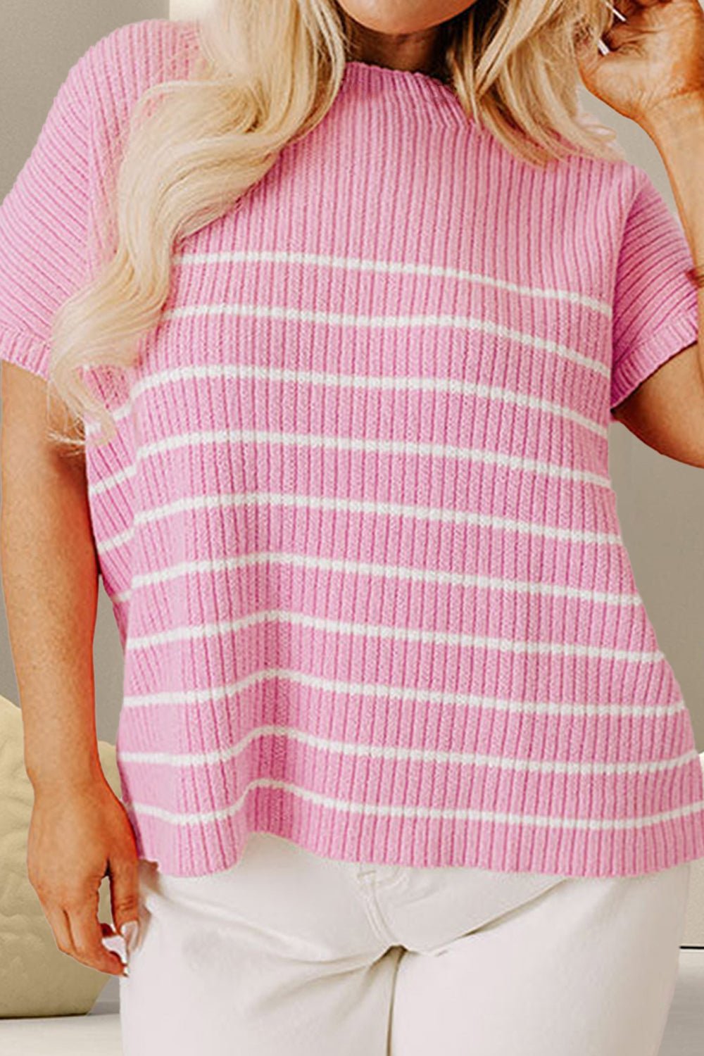 Front view of Plus Size Striped Round Neck Cap Sleeve Knit Top in Blush Pink showing neckline and sleeve details
