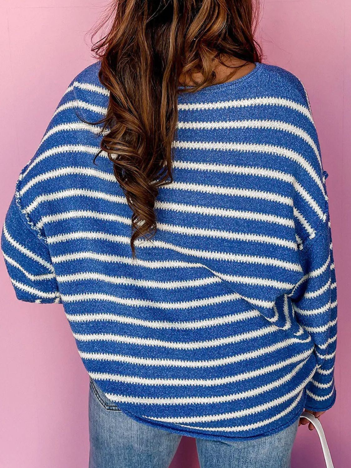 Plus Size Striped Round Neck Dropped Shoulder Sweater - Rochelle's House LLC