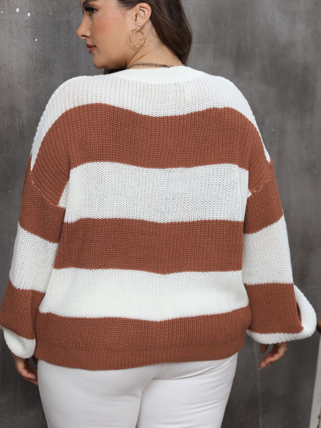 Plus Size Striped Round Neck Long Sleeve Sweater - Rochelle's House LLC