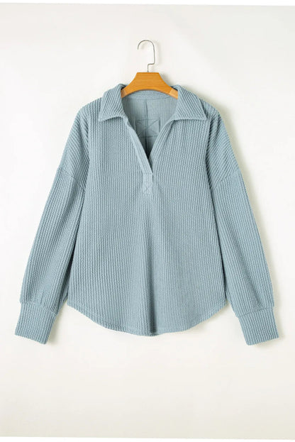 Plus Size Textured Johnny Collar Long Sleeve Sweatshirt - Rochelle's House LLC