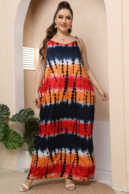 Front view of Plus Size Tie-Shoulder Maxi Dress in Multicolor showing neckline and sleeve details (95% polyester and)