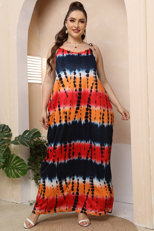 Front view of Plus Size Tie-Shoulder Maxi Dress in Multicolor showing neckline and sleeve details (95% polyester and)