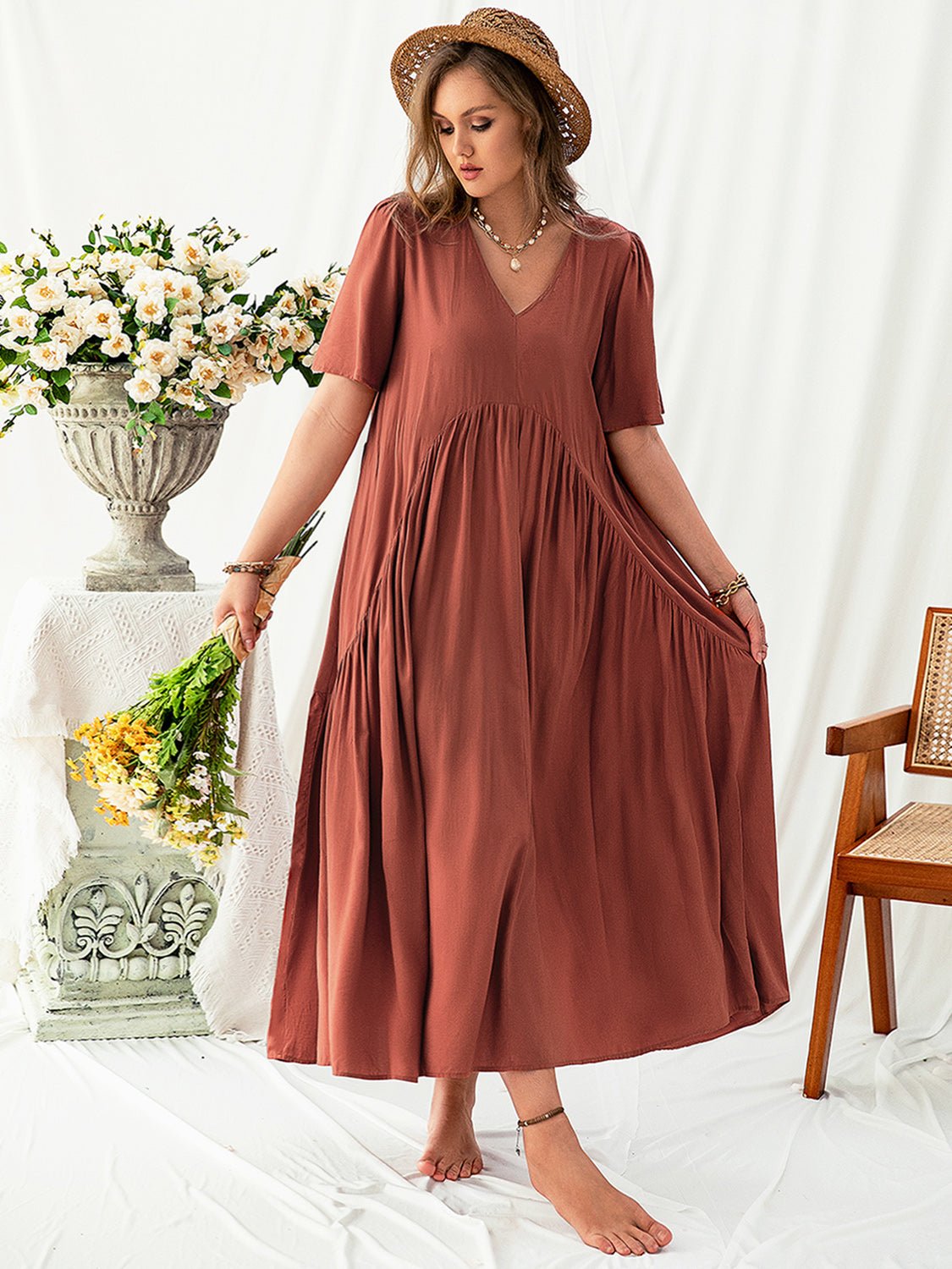 Plus Size V - Neck Flutter Sleeve Midi Dress - Rochelle's House LLC
