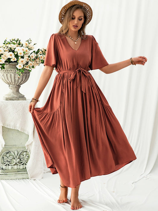Plus Size V - Neck Flutter Sleeve Midi Dress - Rochelle's House LLC