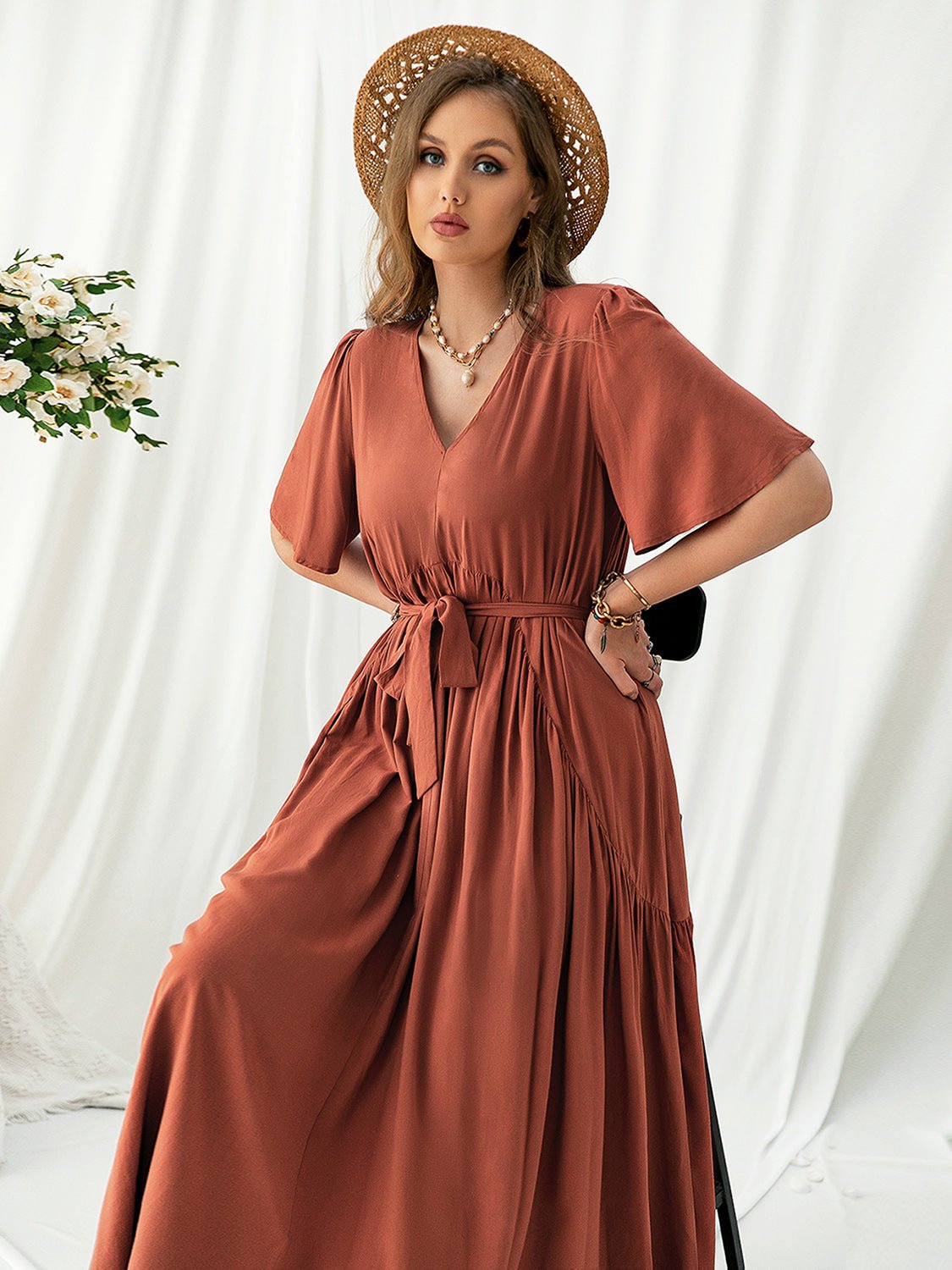 Plus Size V - Neck Flutter Sleeve Midi Dress - Rochelle's House LLC