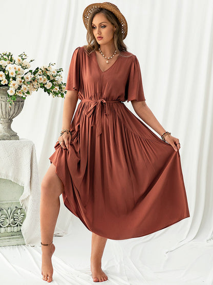 Plus Size V - Neck Flutter Sleeve Midi Dress - Rochelle's House LLC