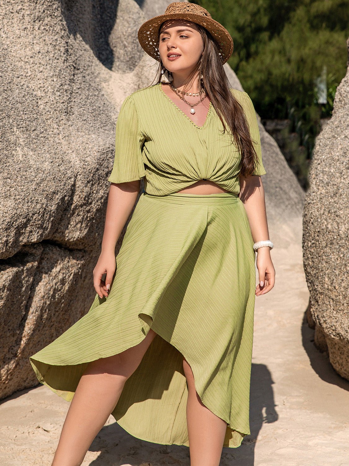 Front view of Plus Size V-Neck Half Sleeve Top and High-Low Skirt Set in Yellow-Green showing neckline and sleeve details