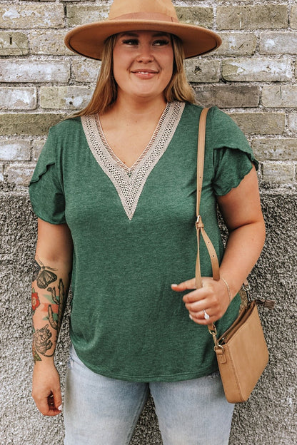 Plus Size V - Neck Petal Sleeve Blouse - Rochelle's House LLC