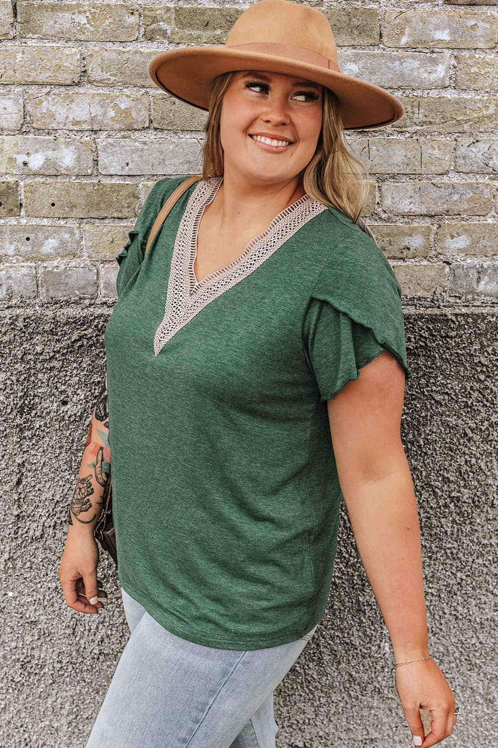 Plus Size V - Neck Petal Sleeve Blouse - Rochelle's House LLC