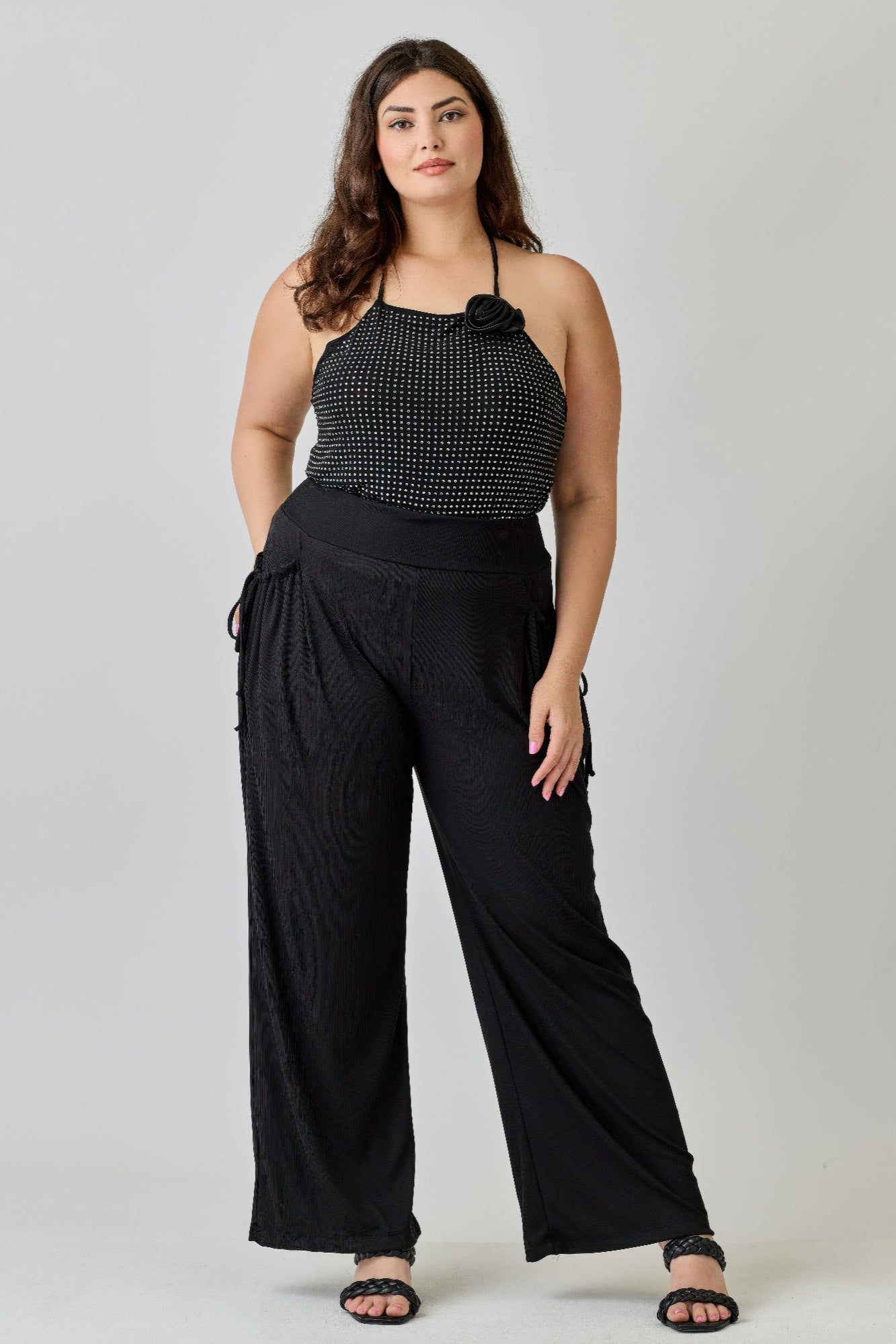Plus Size Wide - leg Pants W Side Drawstring Detail - Rochelle's House LLC