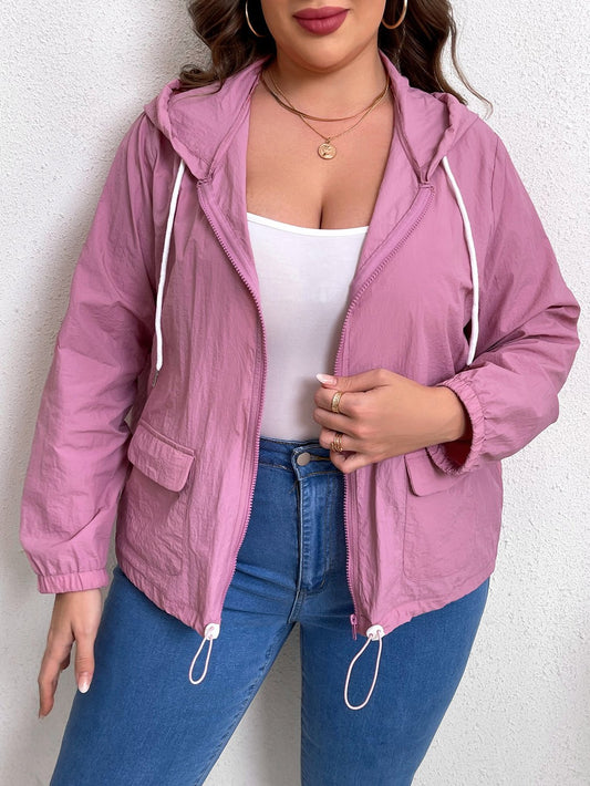 Front view of Plus Size Zip-Up Drawstring Hooded Jacket with Pockets in Pink Purple showing neckline and sleeve details