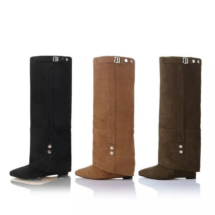 Front view of Point Toe Block Heels Boots in Camel showing neckline and sleeve details (pu)