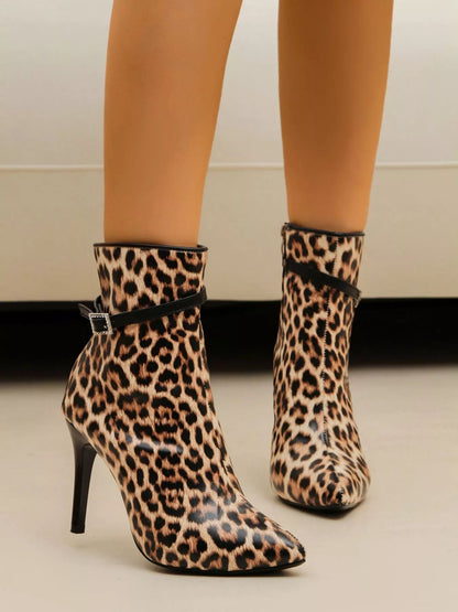 Front view of Point Toe Stiletto Boots in Leopard Print showing neckline and sleeve details (pu)