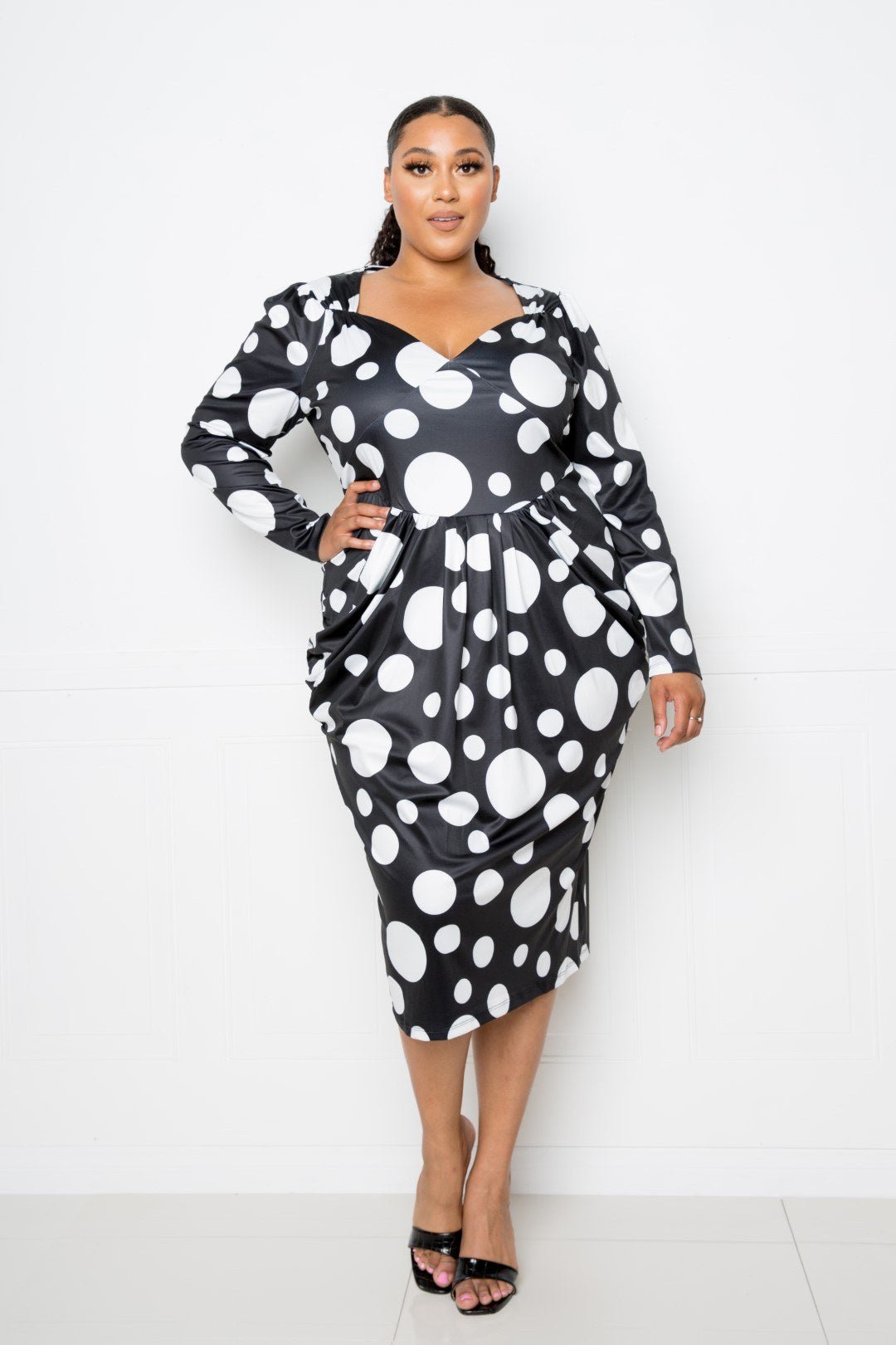 Polka Dot Drop Waist Ruched Midi Dress - Rochelle's House LLC