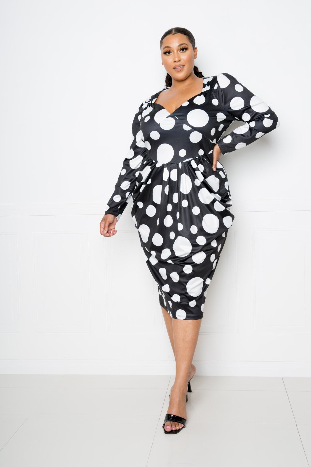 Polka Dot Drop Waist Ruched Midi Dress - Rochelle's House LLC