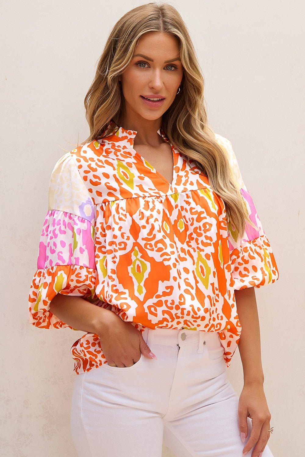 Printed Notched Half Sleeve Blouse - Rochelle's House LLC