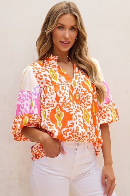 Printed Notched Half Sleeve Blouse - Rochelle's House LLC