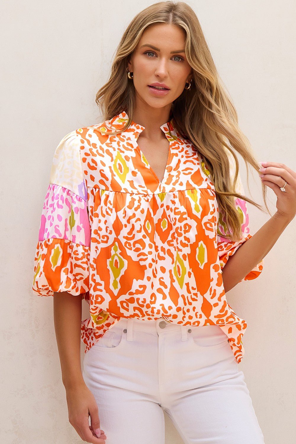 Printed Notched Half Sleeve Blouse - Rochelle's House LLC