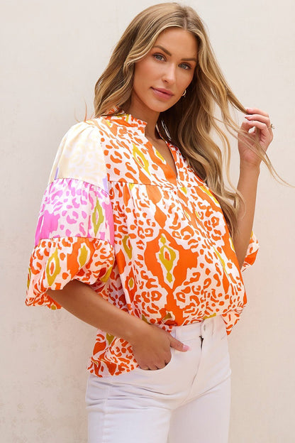 Printed Notched Half Sleeve Blouse - Rochelle's House LLC