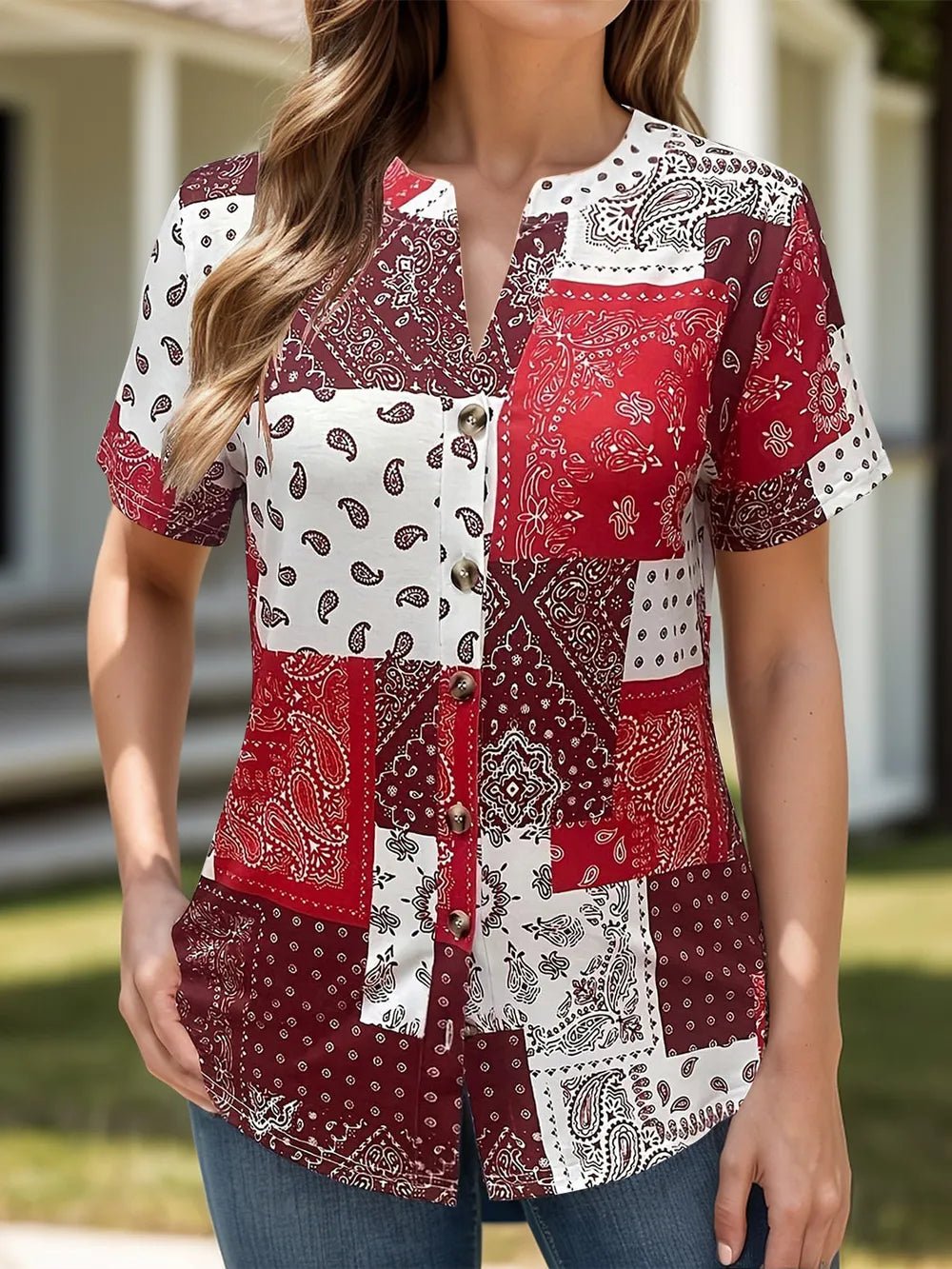 Front view of Printed Notched Short Sleeve Blouse in Deep Red showing neckline and sleeve details
