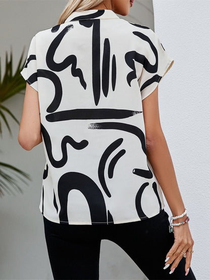 Printed Notched Short Sleeve Blouse - Rochelle's House LLC