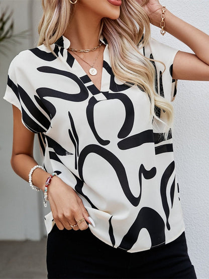Printed Notched Short Sleeve Blouse - Rochelle's House LLC