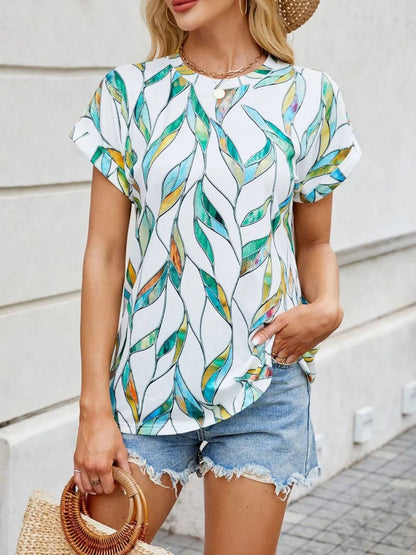 Front view of Printed Round Neck Short Sleeve Top in Turquoise showing neckline and sleeve details