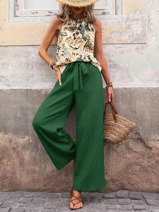 Front view of Printed Tank Top and Wide Leg Pants Set in Dark Green showing neckline and sleeve details (95% polyester and)