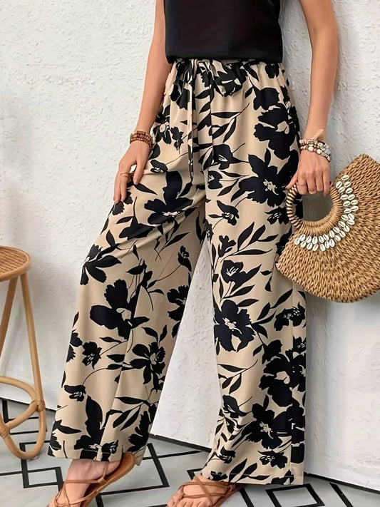 Front view of Printed Wide Leg Casual Pants in Khaki showing neckline and sleeve details