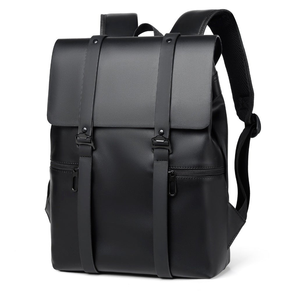 Front view of PU Leather Adjustable Strap Backpack Bag in Black showing neckline and sleeve details (pu)