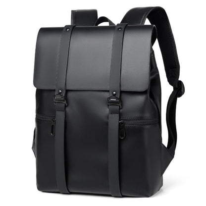 Front view of PU Leather Adjustable Strap Backpack Bag in Black showing neckline and sleeve details (pu)