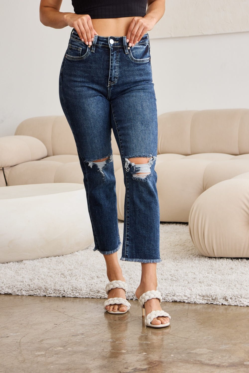 RFM Crop Dylan Full Size Tummy Control Distressed High Waist Raw Hem Jeans - Rochelle's House LLC