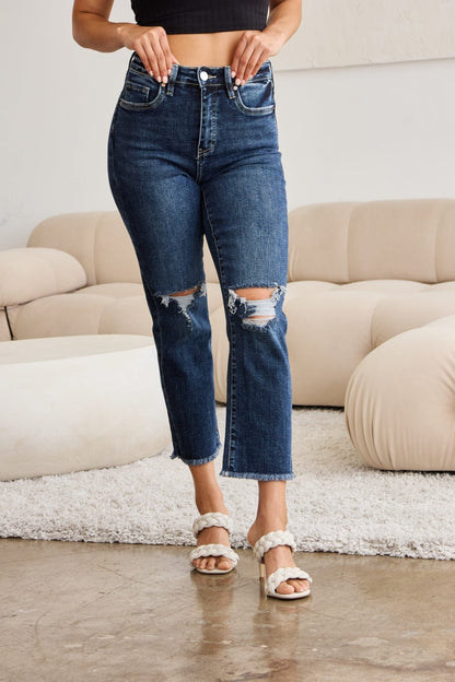 RFM Crop Dylan Full Size Tummy Control Distressed High Waist Raw Hem Jeans - Rochelle's House LLC