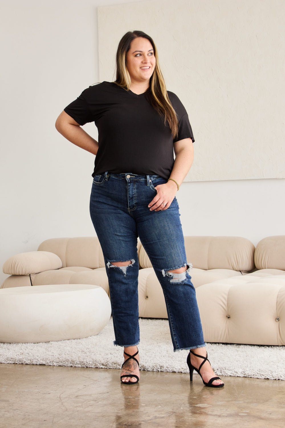 RFM Crop Dylan Full Size Tummy Control Distressed High Waist Raw Hem Jeans - Rochelle's House LLC