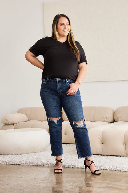 RFM Crop Dylan Full Size Tummy Control Distressed High Waist Raw Hem Jeans - Rochelle's House LLC