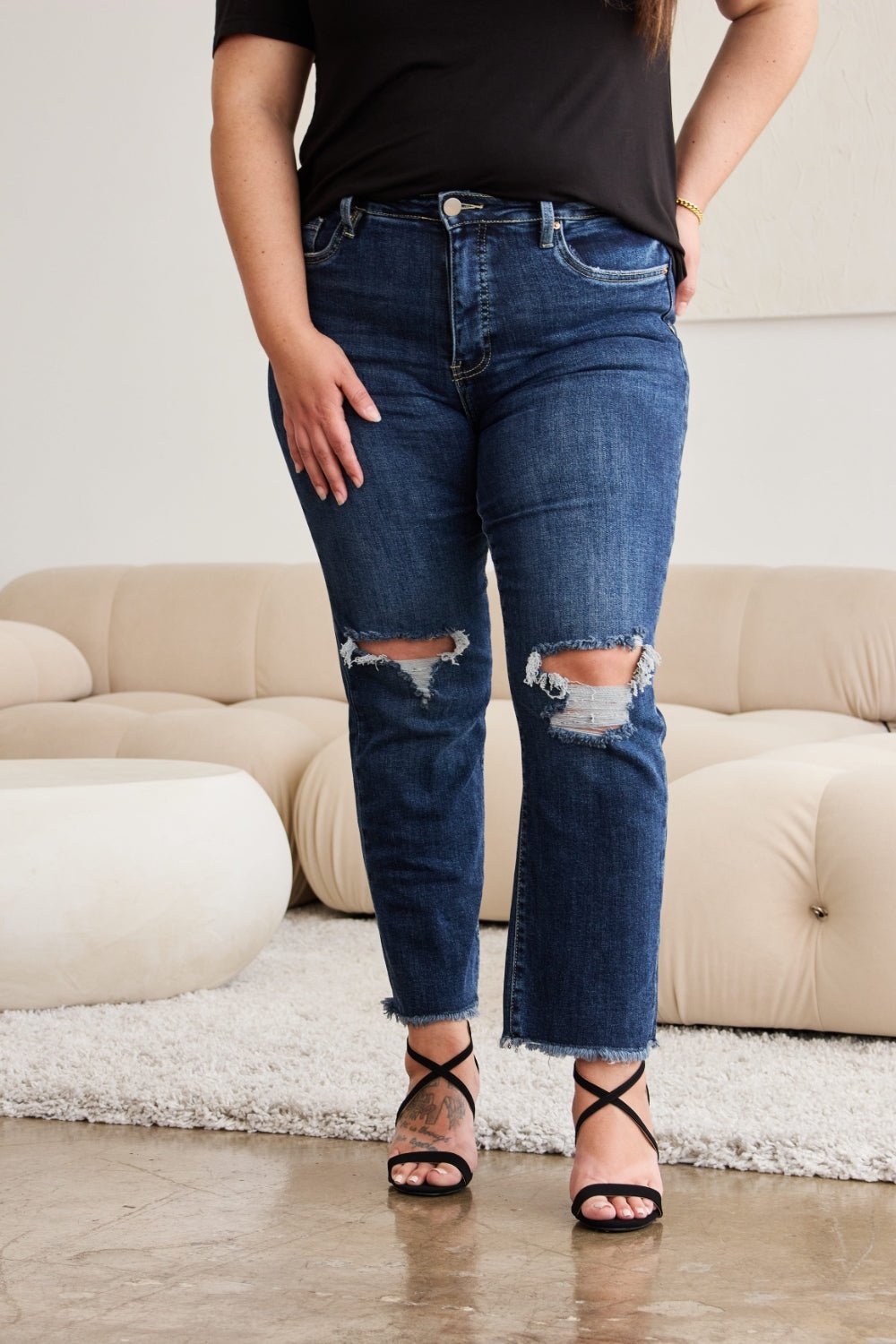RFM Crop Dylan Full Size Tummy Control Distressed High Waist Raw Hem Jeans - Rochelle's House LLC