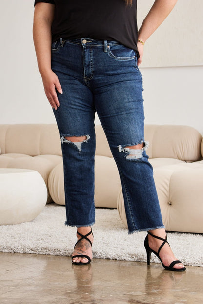 RFM Crop Dylan Full Size Tummy Control Distressed High Waist Raw Hem Jeans - Rochelle's House LLC