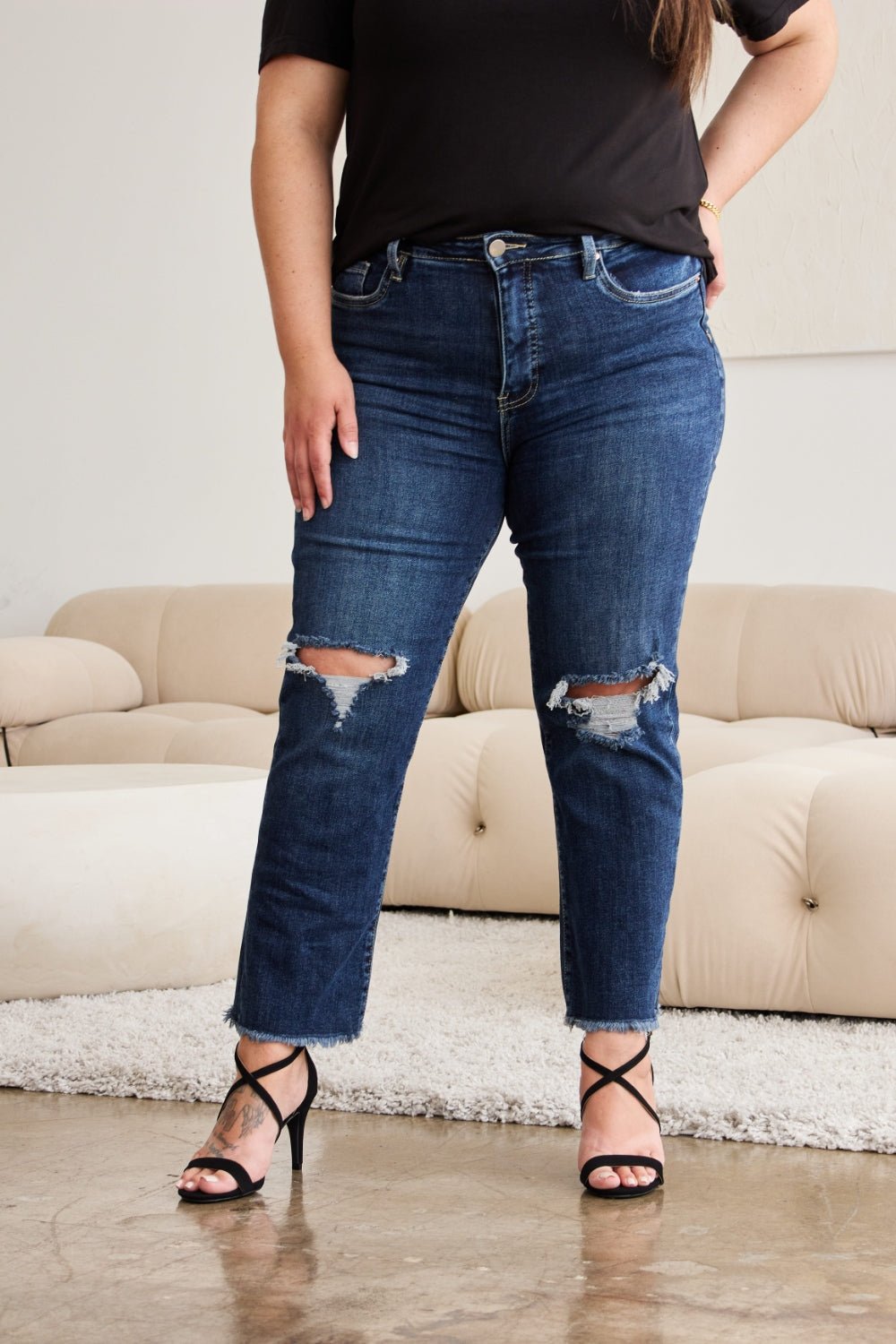 RFM Crop Dylan Full Size Tummy Control Distressed High Waist Raw Hem Jeans - Rochelle's House LLC