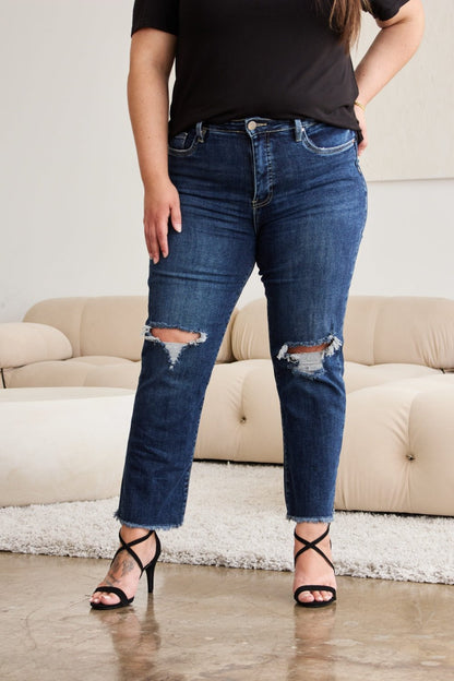 RFM Crop Dylan Full Size Tummy Control Distressed High Waist Raw Hem Jeans - Rochelle's House LLC
