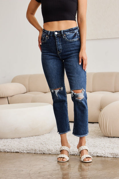 RFM Crop Dylan Full Size Tummy Control Distressed High Waist Raw Hem Jeans - Rochelle's House LLC