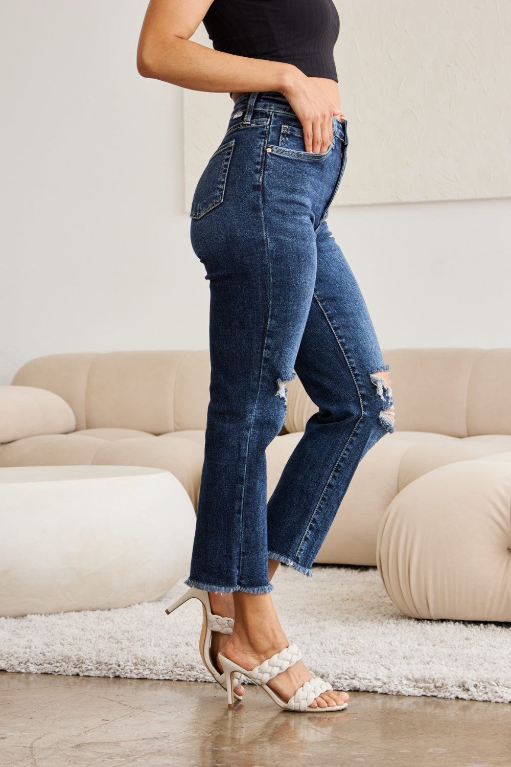 RFM Crop Dylan Full Size Tummy Control Distressed High Waist Raw Hem Jeans - Rochelle's House LLC