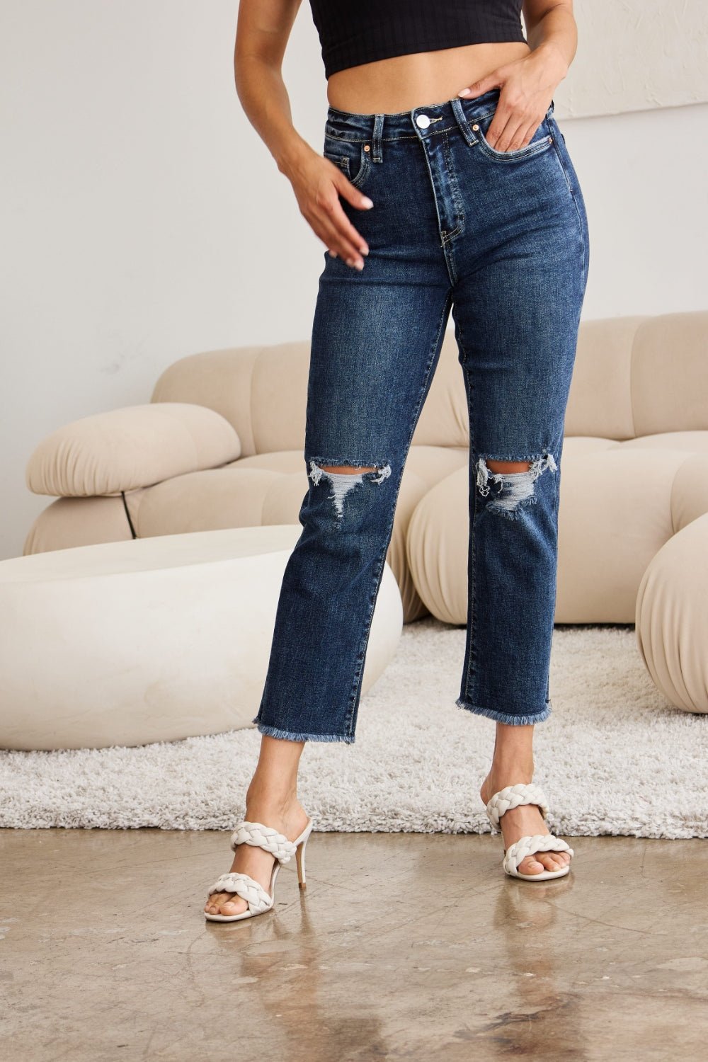 RFM Crop Dylan Full Size Tummy Control Distressed High Waist Raw Hem Jeans - Rochelle's House LLC