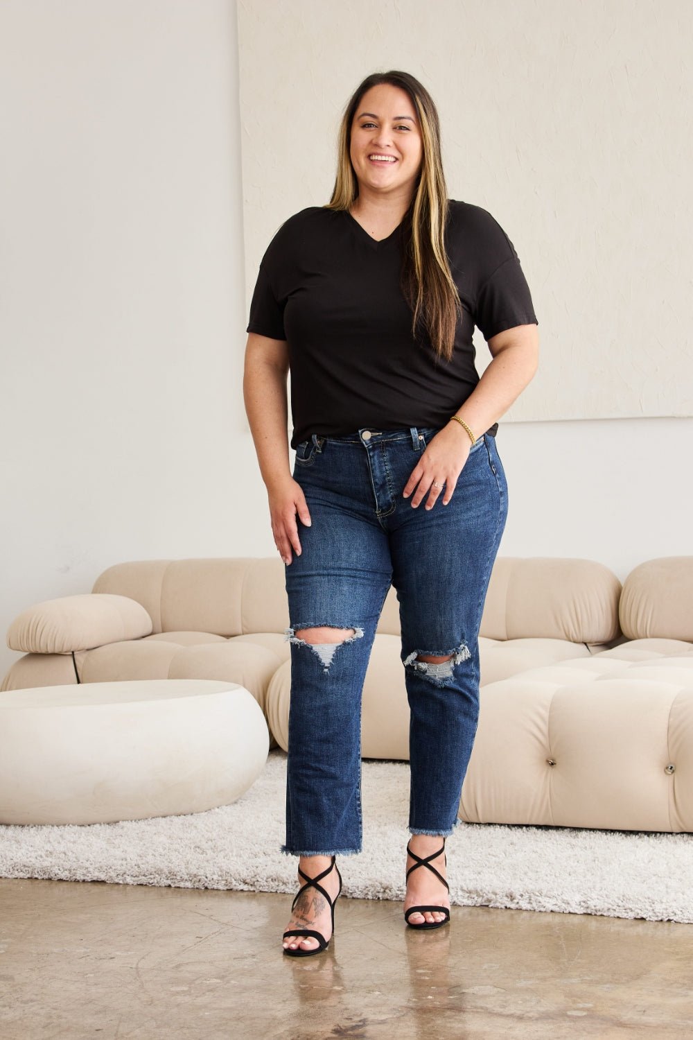 RFM Crop Dylan Full Size Tummy Control Distressed High Waist Raw Hem Jeans - Rochelle's House LLC